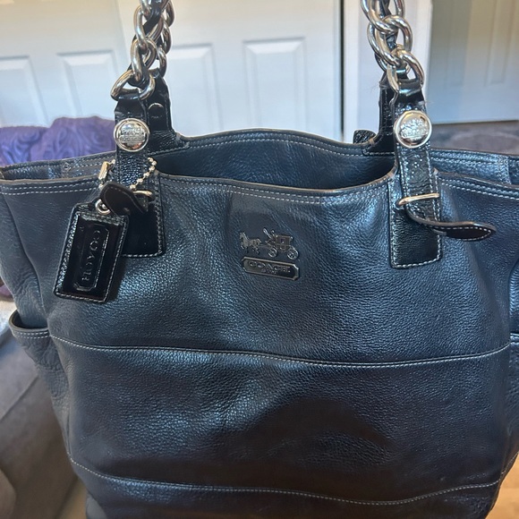 Coach Black Leather Tote with Chain Straps - Picture 1 of 4